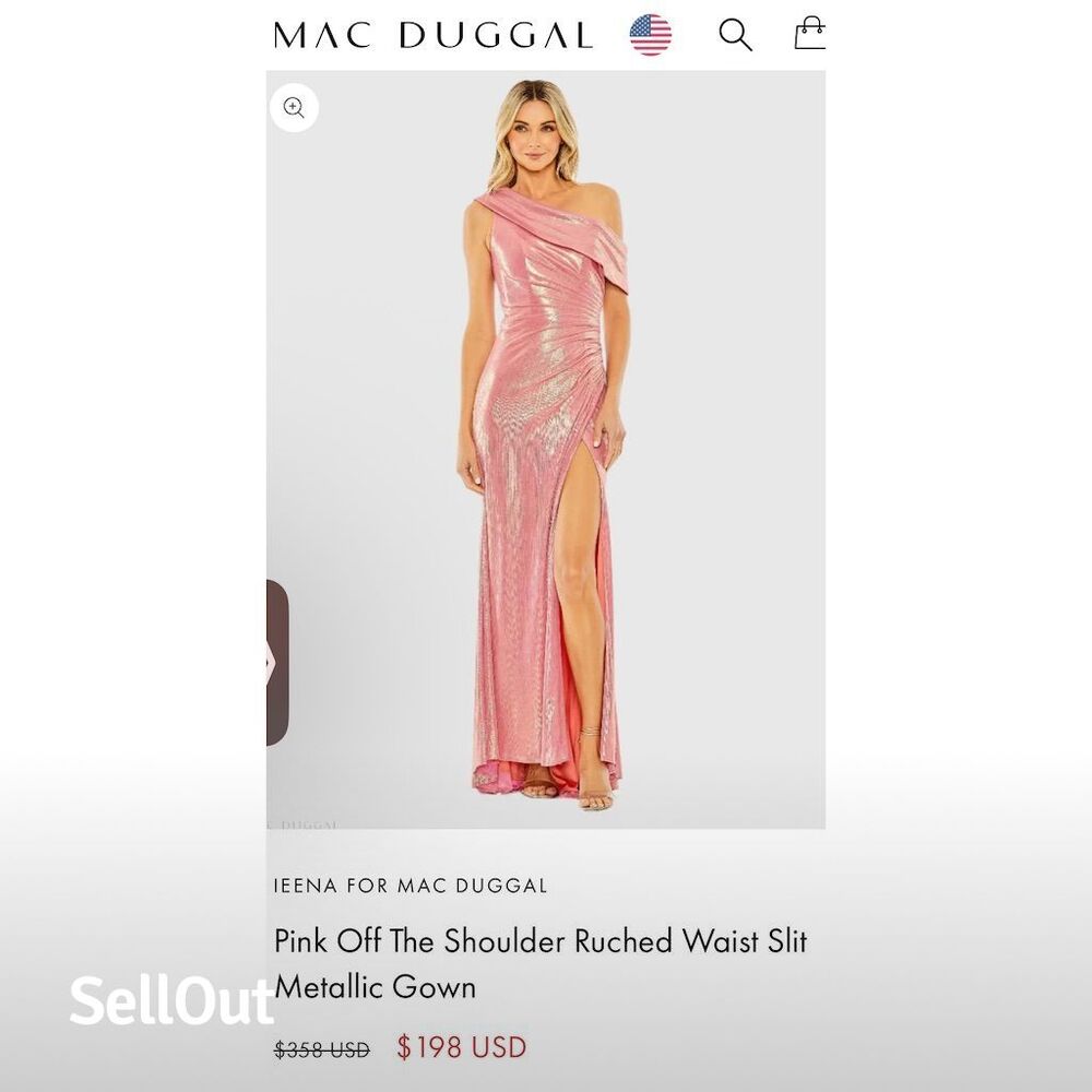 Mac Duggal Pink Off Shoulder Ruched Waist Slit Metallic Gown
